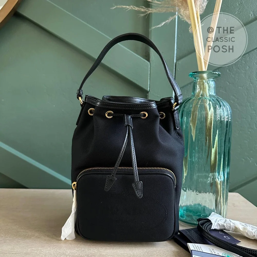 NEW Prada Jacquard Logo Bucket Black Canvas Tote Crossbody Bag